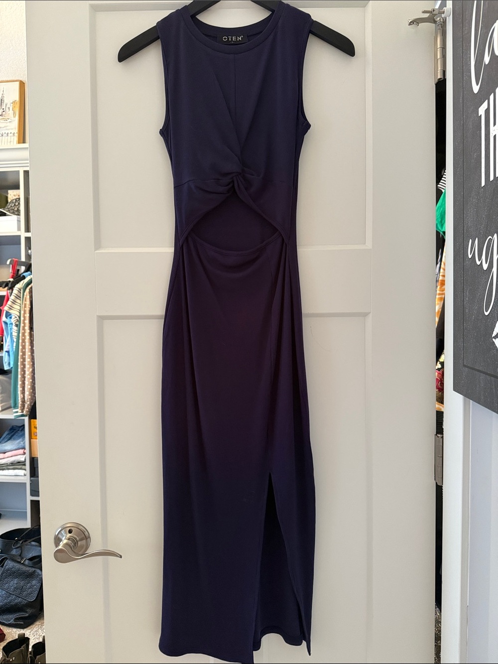 Sleeveless Navy Twist-Front Cutout Maxi Dress by OtéN